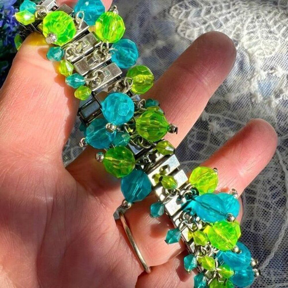 Vintage Green & Blue Acrylic Bead Watchband Chacha Bangle - Picture 5 of 8
